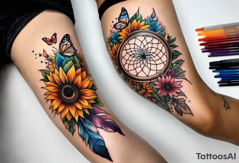 Quarter Leg sleeve with dreamcatcher, rainbow sunflowers and one butterfly tattoo idea