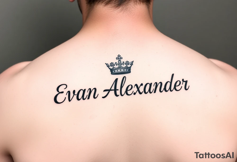 Name tattoo that says Evan Alexander with a crown on forearm tattoo idea