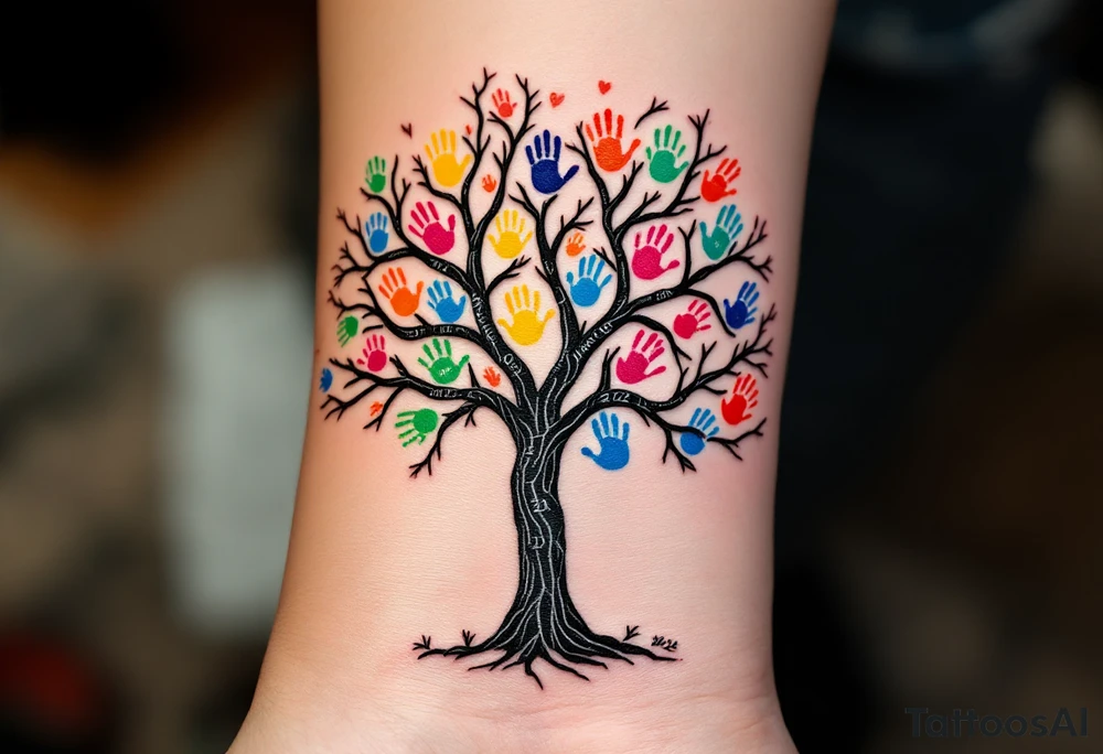 Bare tree with colored handprints on the trunk, each handprint labeled with a name and year “Martin 2015,” “Olivie 2012” etc. Bright primary colors for prints on a black-ink tree. tattoo idea