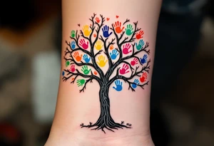 Bare tree with colored handprints on the trunk, each handprint labeled with a name and year “Martin 2015,” “Olivie 2012” etc. Bright primary colors for prints on a black-ink tree. tattoo idea