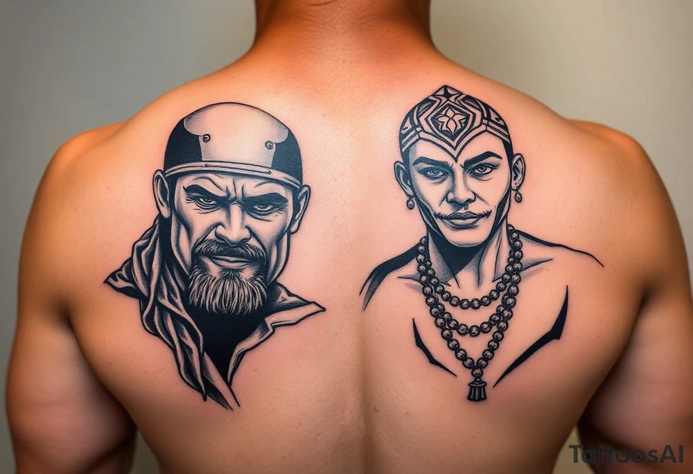 i need tatoo of merab(the machine) and ilia(el matador) ufc fighters
, i need machine as person form with papakha(headgear on first photo) and second person something related to el matador, black tattoo style tattoo idea