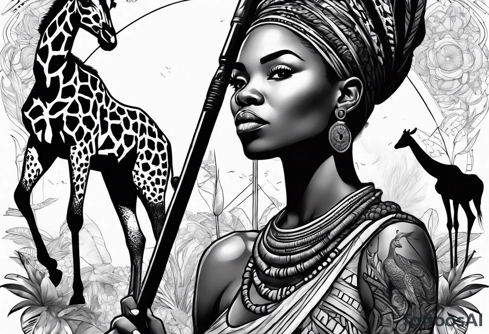 African woman warrior holding a spear with birds and giraffe in the background tattoo idea