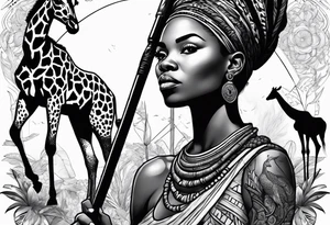 African woman warrior holding a spear with birds and giraffe in the background tattoo idea