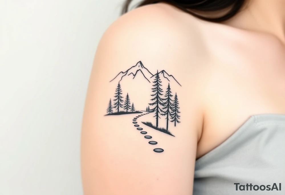 path in the woods with mountains in the background tattoo idea