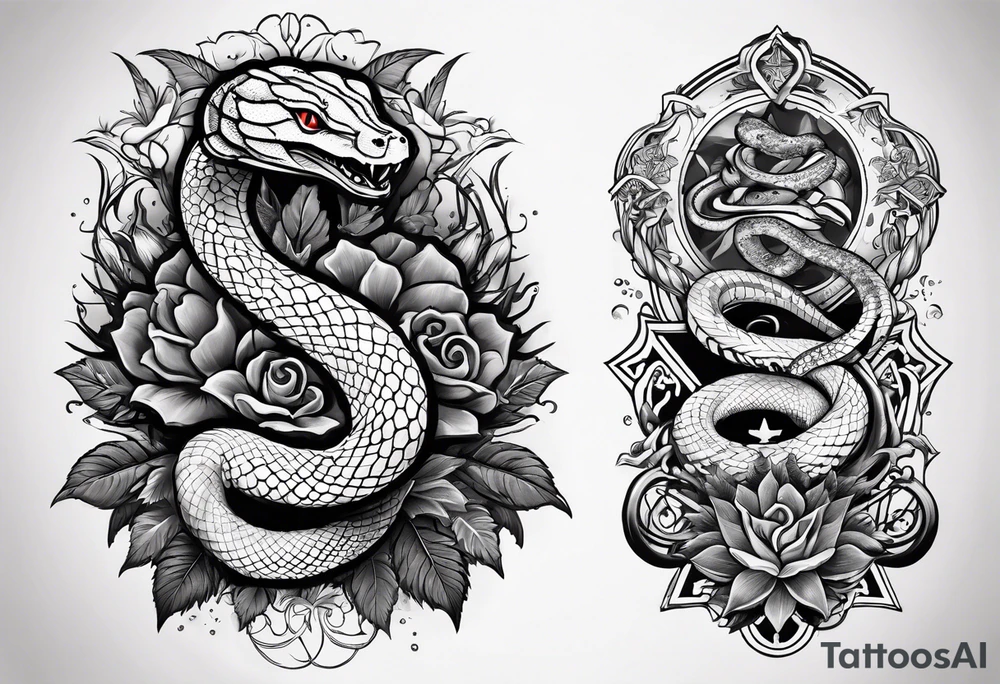 arm sleeve tattoo with a snake, gun, weed symbol that says HYDRA tattoo idea