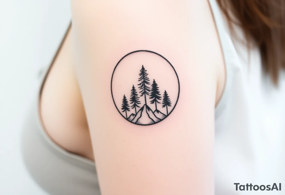 A thin, vertical crescent moon with tiny pine trees growing along its inner curve, reaching upward. At the base of the crescent, a minimalist mountain range emerges, seamlessly blending into the trees. tattoo idea
