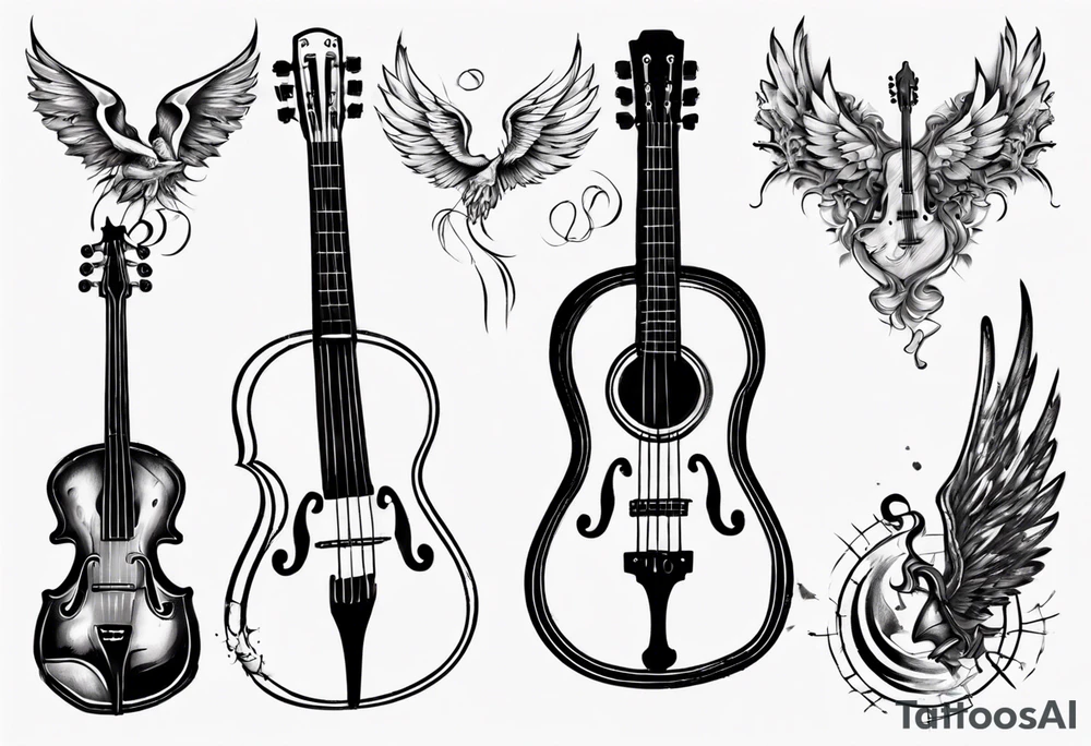 ACOUSTIC GUITAR AND VIOLIN WITH WINGS tattoo idea