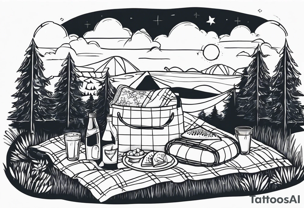picnic scene in nature with a sheckers blanket, basket, pillows and party pennants. Thin lines. tattoo idea