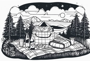 picnic scene in nature with a sheckers blanket, basket, pillows and party pennants. Thin lines. tattoo idea