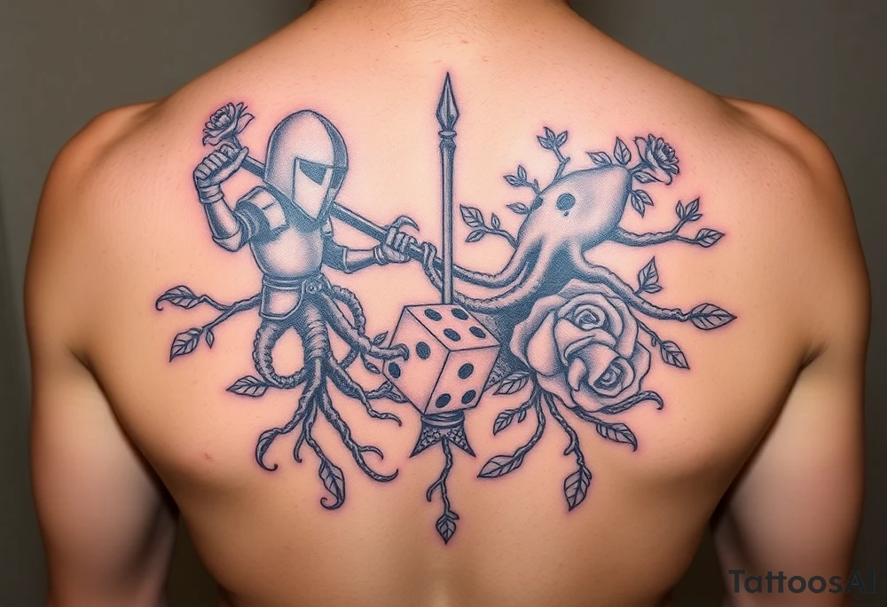 knight and squid intertwined with tree roots and roses rolling dice tattoo idea