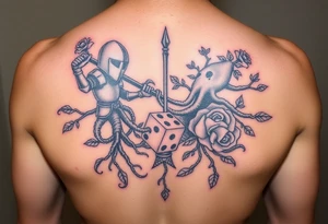 knight and squid intertwined with tree roots and roses rolling dice tattoo idea