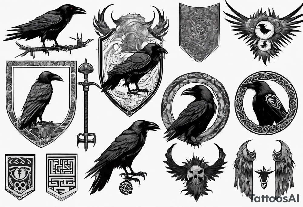 Depict a crow as a worrior with a viking sheild tattoo idea