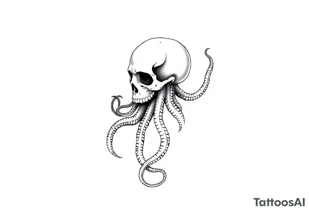 A minimalist blackwork tattoo design of a kraken with a skull fused into its head. The kraken is viewed from a 45-degree angle facing left, with its head centered and occupying 90% of the height of the head portion of the design. The tentacles extend only to the left and right, with none going downward beneath the head. The tattoo is designed to flow from the inner bicep into the forearm, creating a balanced and dynamic composition. The style is clean, fine-line detailing with bold outlines, avoiding heavy shading. The tentacles should be fluid, aggressive, and striking, enhancing the menacing and eerie look of the kraken while maintaining a cohesive design for a tattoo sleeve. tattoo idea