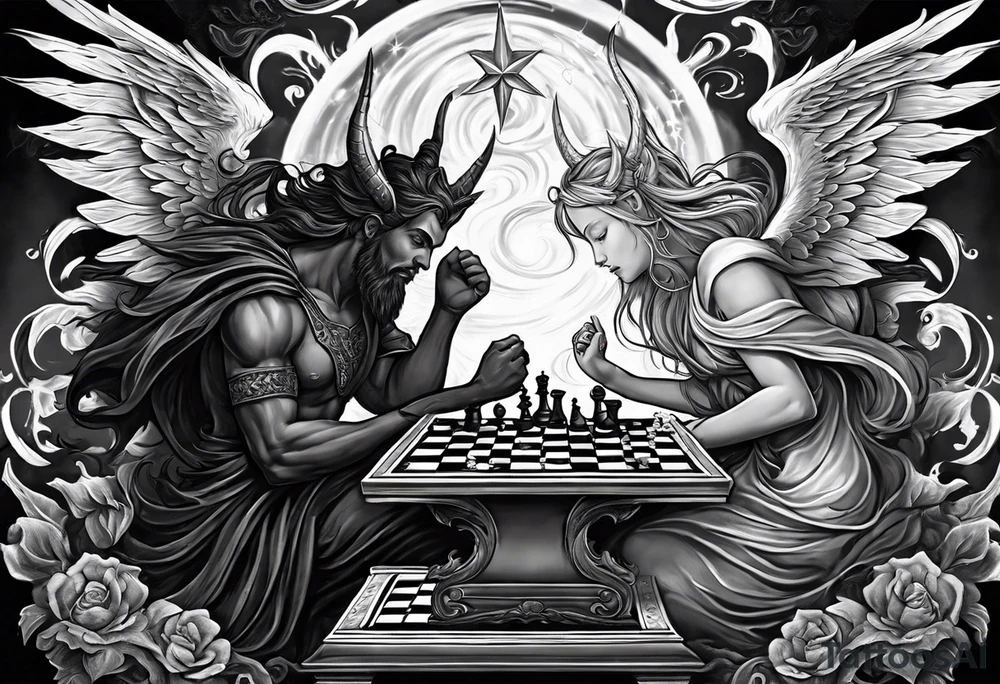 Depict an angel and demon playing chess on a board that morphs from celestial clouds to fiery inferno, representing the merging of the spiritual realms in the eternal game tattoo idea