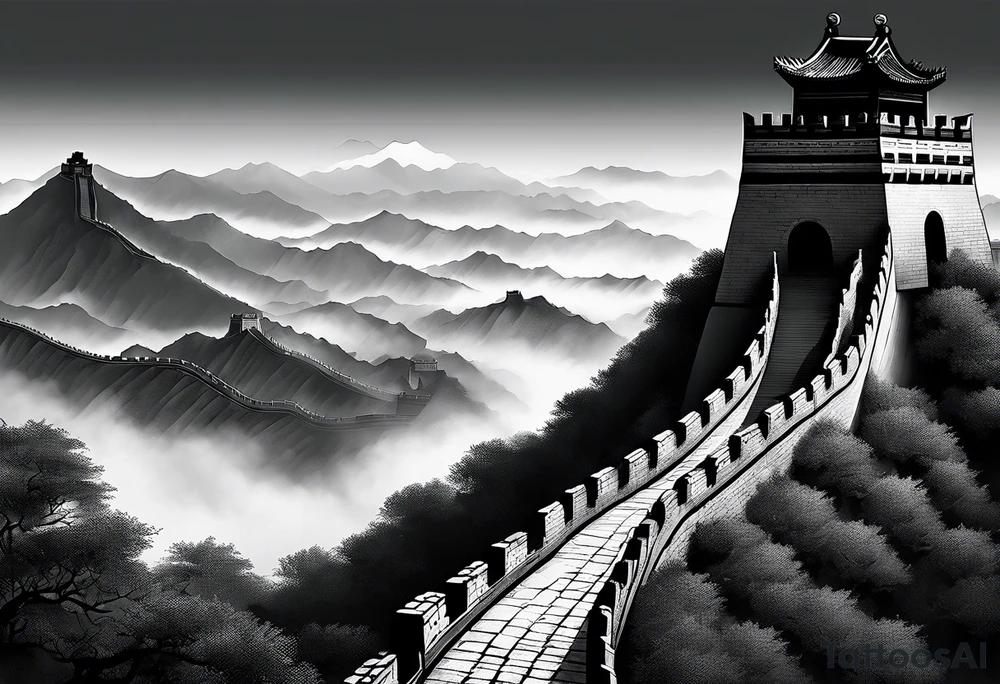 Great Chinese wall, realistic, art, gezeichnet, fine line, black and grey, foggy tattoo idea