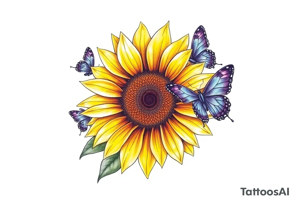 Sunflower with purple butterflies on side tattoo idea