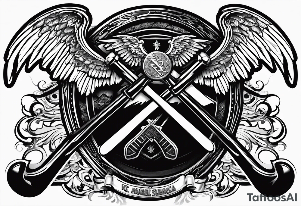Ice Hockey sticks crossing with 39 in the middle and angel wing around it tattoo idea