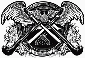 Ice Hockey sticks crossing with 39 in the middle and angel wing around it tattoo idea