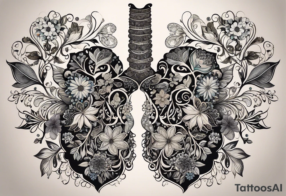 intricate and artistic arrangement of flowers and ornamental patterns that come together to form the shape of human lungs. The design should have a balance of delicacy and detail, with vibrant floral elements seamlessly intertwining to mimic the structure of the lungs, including the bronchi branching into floral motifs. Incorporate subtle shading and depth to give the tattoo a dynamic and organic feel, while maintaining elegance and symmetry, embraced by an octopus and butterflies flying around tattoo idea