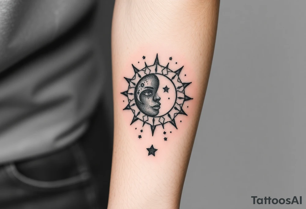 celestial sun and moon embrace with constellation patterns tattoo idea