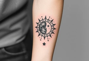 celestial sun and moon embrace with constellation patterns tattoo idea