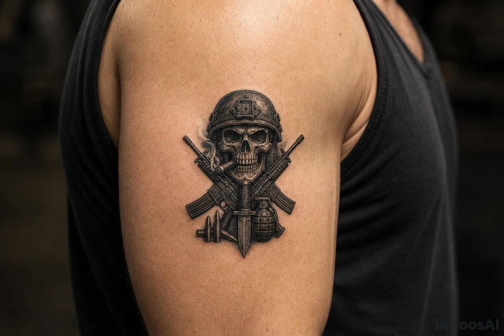 skull with military helmet, smoking cigar,crossed assault rifles, knife,hand grenade,cartridges, tattoo idea