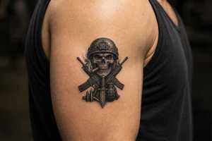 skull with military helmet, smoking cigar,crossed assault rifles, knife,hand grenade,cartridges, tattoo idea