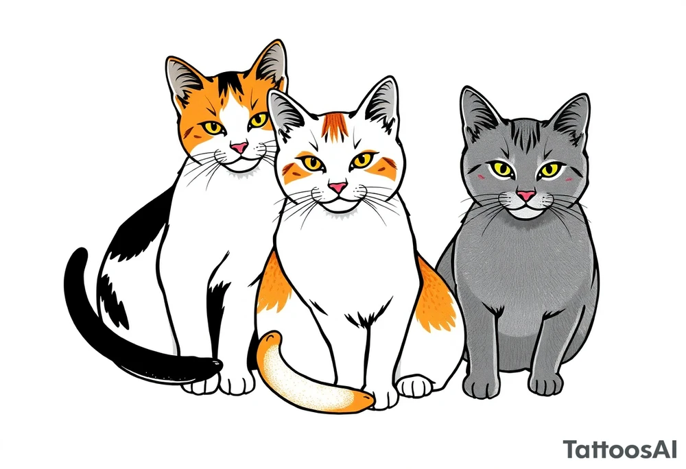 three cats, one black and white cat, one orange and white cat and one grey tabby cat tattoo idea