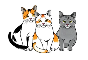 three cats, one black and white cat, one orange and white cat and one grey tabby cat tattoo idea