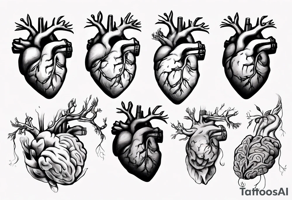 Anatomical heart and anatomical brain floating away tied down with string tattoo idea