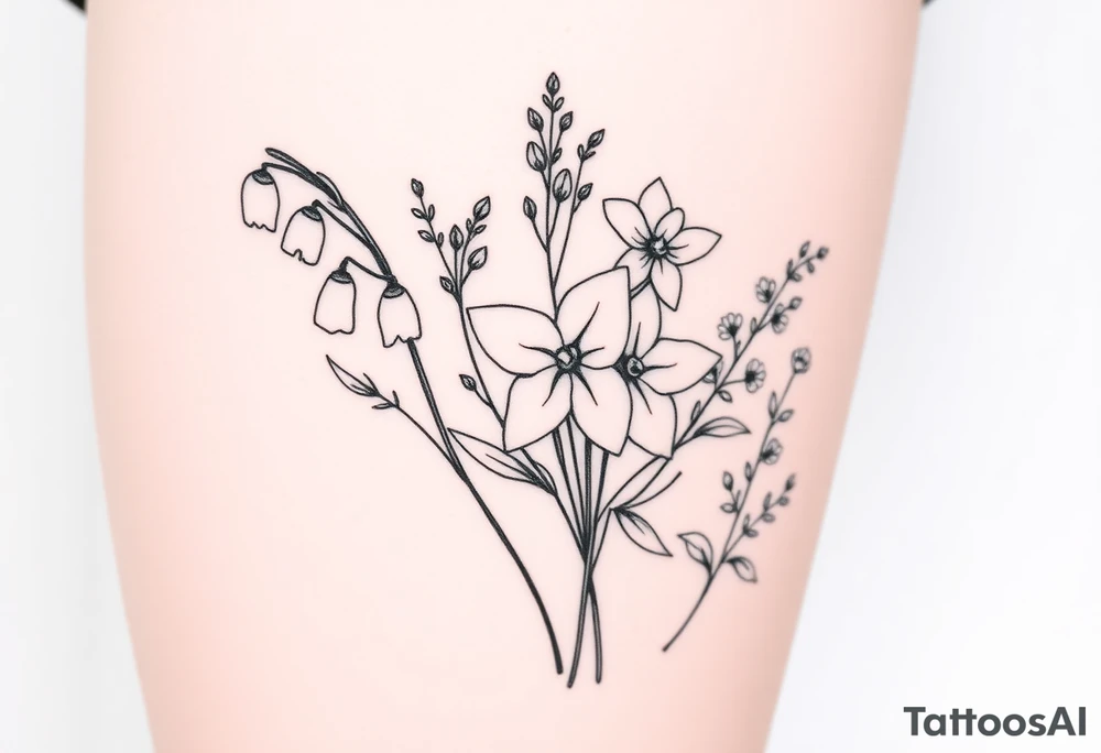 Bouquet of flowers individual stems 1 lily of the valley 1 daffodil 1 December holly bush 1 larkspur tattoo idea