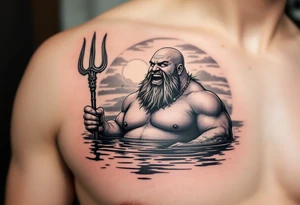 young, happy, fat, balding, poseidon in calm water, holding a trident, drinking a beer, with sunset, with ski boat, with bunny teeth tattoo idea