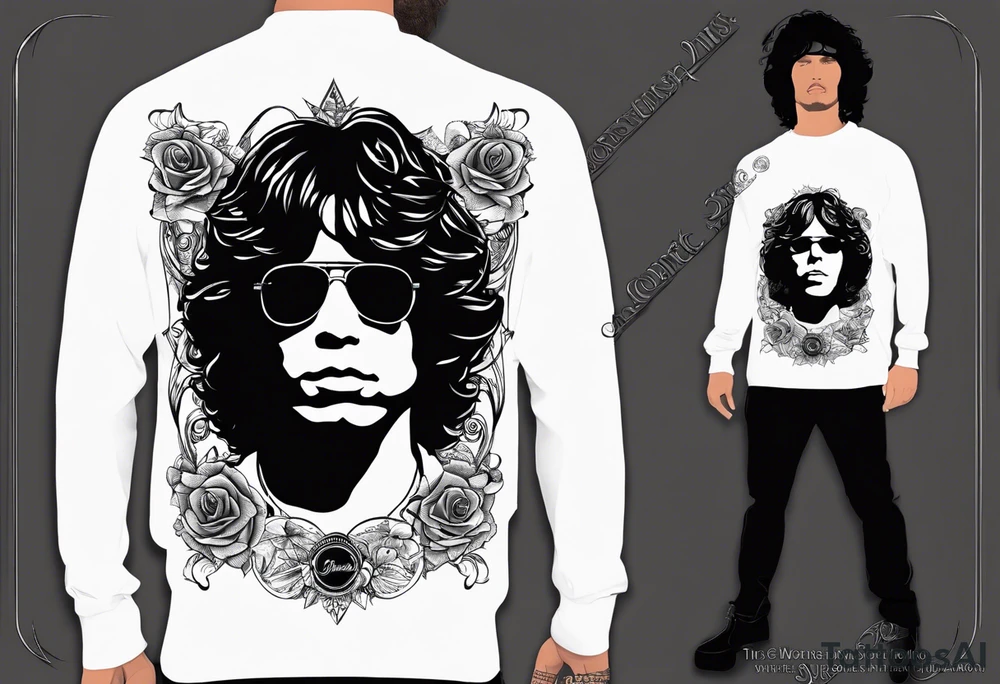 The existing tattoos (Jim Morrison portrait and quote)
Janis Joplin's round glasses
Hendrix-style guitar
Roses intertwined with psychedelic shapes
Classic rock lyrics in elegant script
Abstract Beatles references (like silhouettes or musical notes) tattoo idea