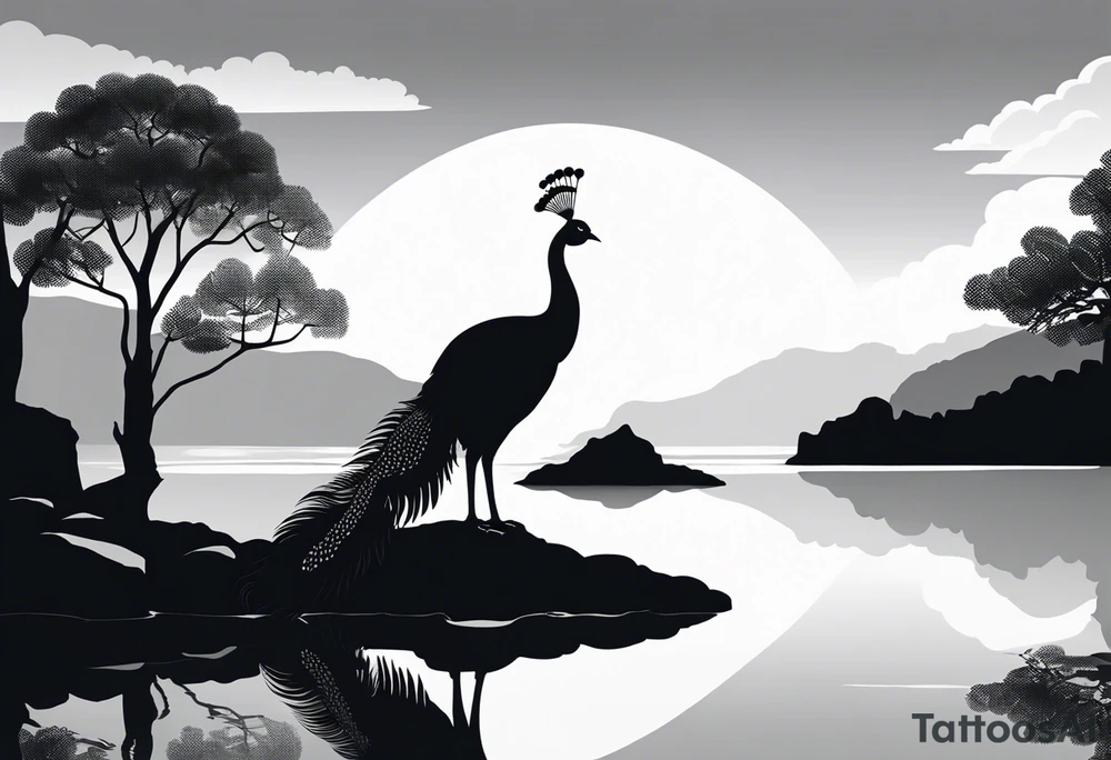 Black and white silhouette illustration of a serene lakeside setting with a peafowl standing on rocky terrain. The peafowl's silhouette is elegant and detailed, with its tail and feathers fanned out. The lake is depicted as a smooth surface, reflecting the silhouette of the peafowl and abstract cloud shapes in the sky. The sky above is minimalistic, with soft, flowing lines representing clouds. The overall composition is peaceful, with the peafowl and its reflection standing out against the stark contrast of the black-and-white design. tattoo idea