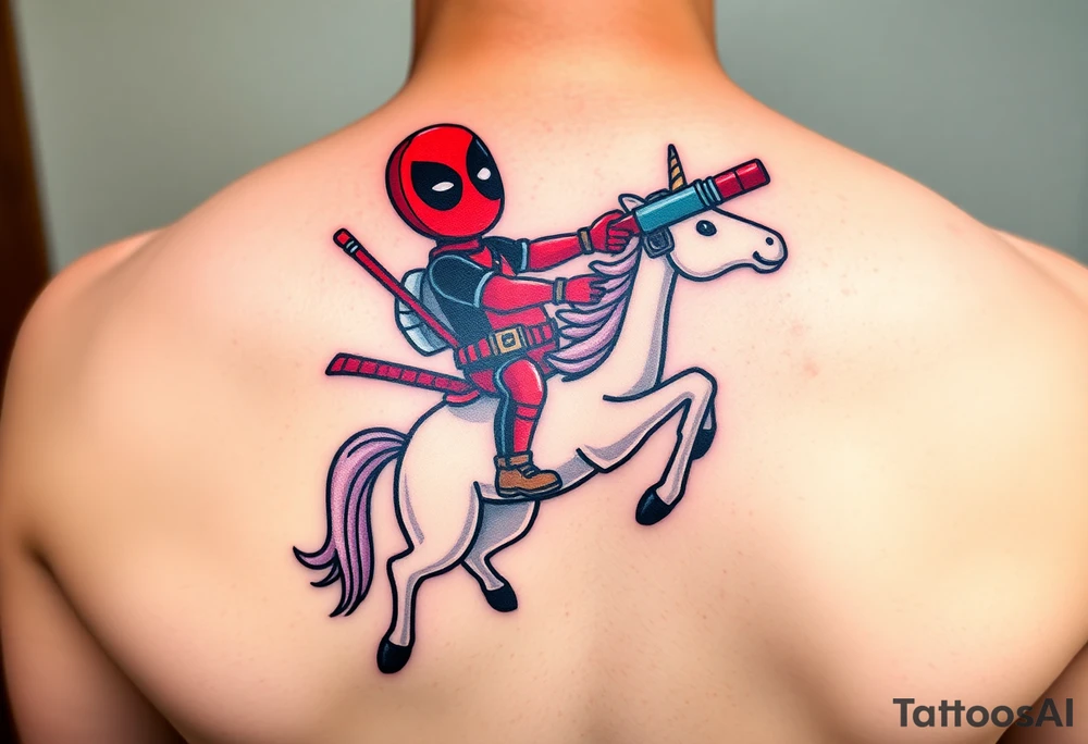 Deadpool riding unicorn pointing rocket propelled grenade launcher tattoo idea