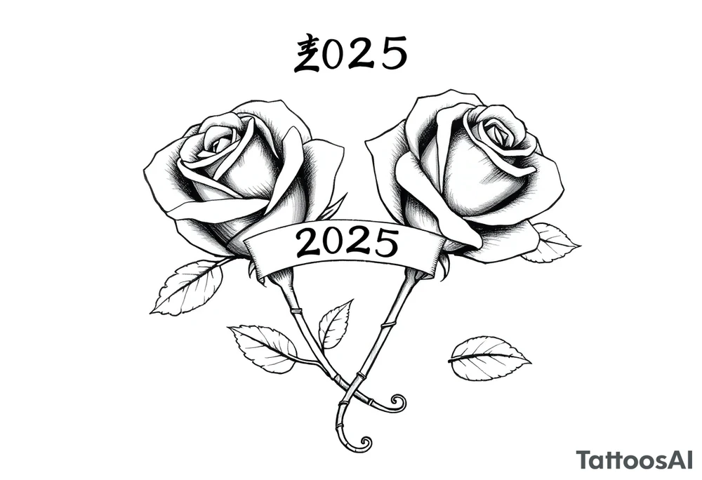 two beautiful rose buds, side by side, with many leaves and their stems intertwined, representing two people in love. Include a banner connecting the two roses with "2025" on it.  The word "Rose" written in Kanji above the drawing.  Use dark outlines with little shading. The end of the rose stem should be curved or twisted - not straight down. tattoo idea
