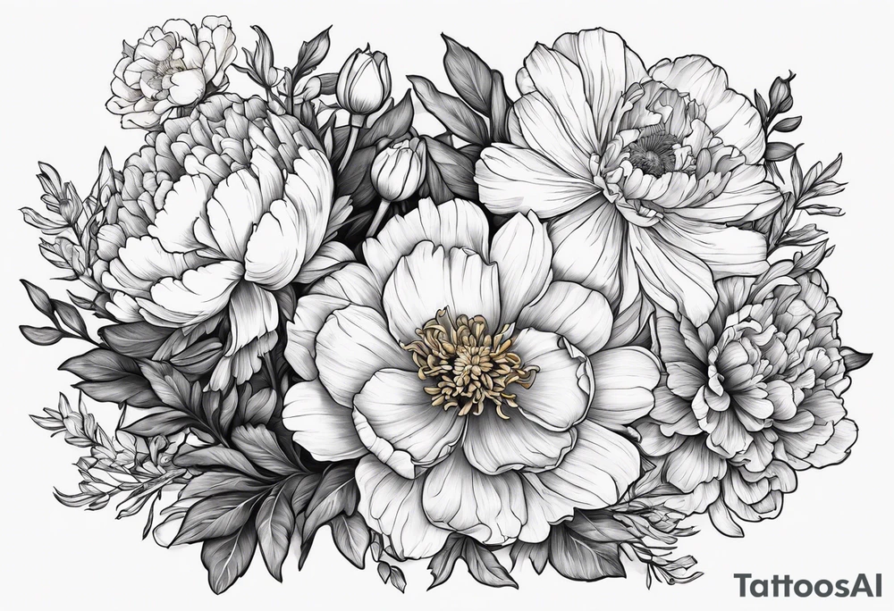 A stemless marigold, peony, and narcissus side by side. 3 flowers. tattoo idea