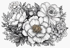 A stemless marigold, peony, and narcissus side by side. 3 flowers. tattoo idea