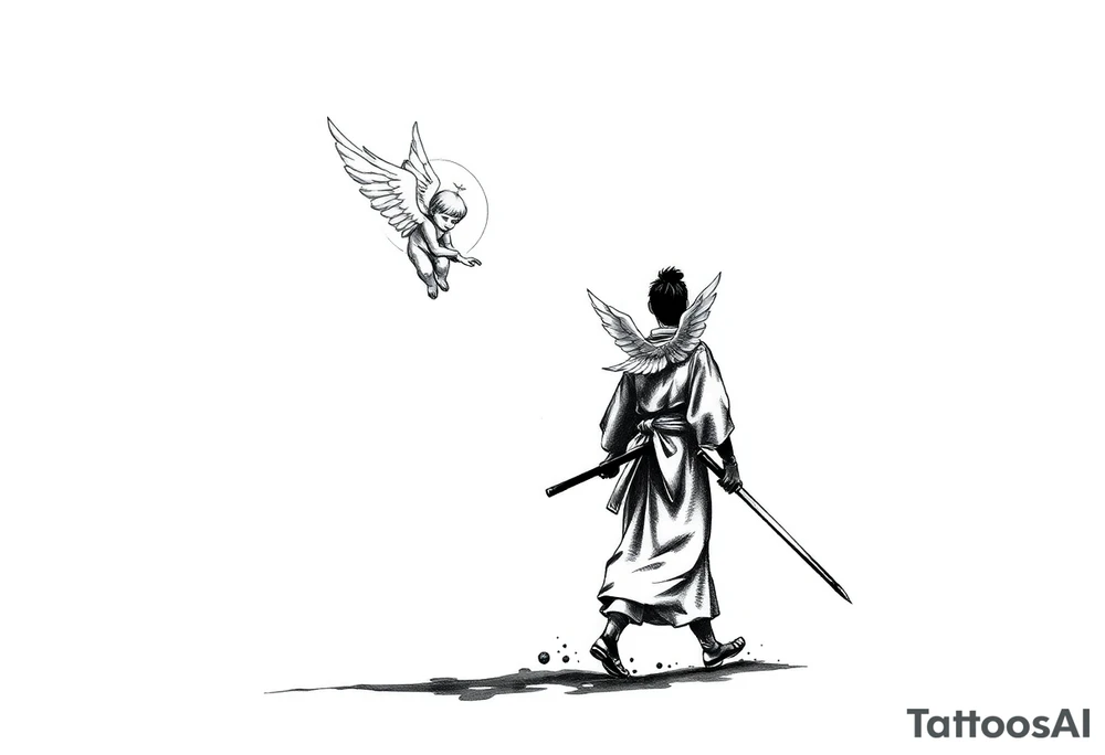"Blackwork tattoo sketch of a lone samurai walking forward, shown in dramatic silhouette style. The samurai wears traditional kimono and hakama, holding a katana in one hand with the blade pointing downward. Behind him floats a small child angel with detailed feathered wings, gently touching the samurai’s back with one hand, as if stopping or guiding him. Strong contrast, dynamic ink splatter, rough brush strokes, Japanese sumi-e vibe, emotional and symbolic composition, high detail linework, no background." tattoo idea