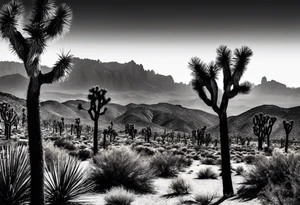 Joshua Tree with mountains and pine trees tattoo idea