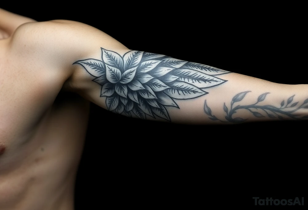 Forearm sleeve tattoo including details of a few jungle leafs,Bold and powerful Puerto Rican tribal theme, wing with 100 dollar patterns in it tattoo idea