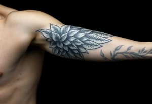 Forearm sleeve tattoo including details of a few jungle leafs,Bold and powerful Puerto Rican tribal theme, wing with 100 dollar patterns in it tattoo idea