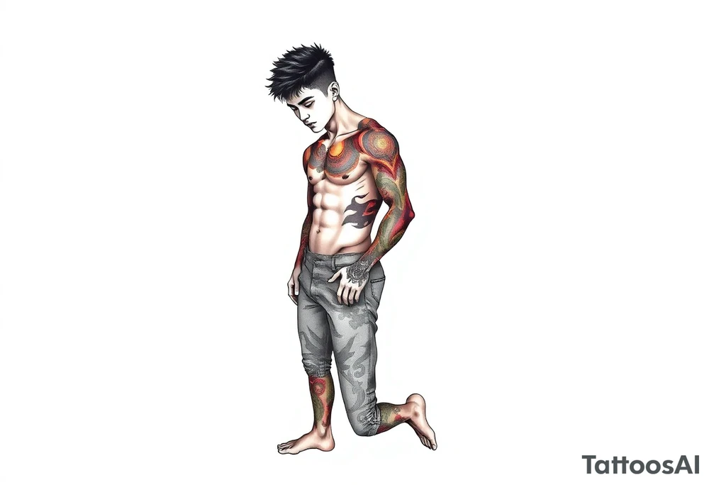 Handsome Asian young guy is standing on his knees tattoo idea