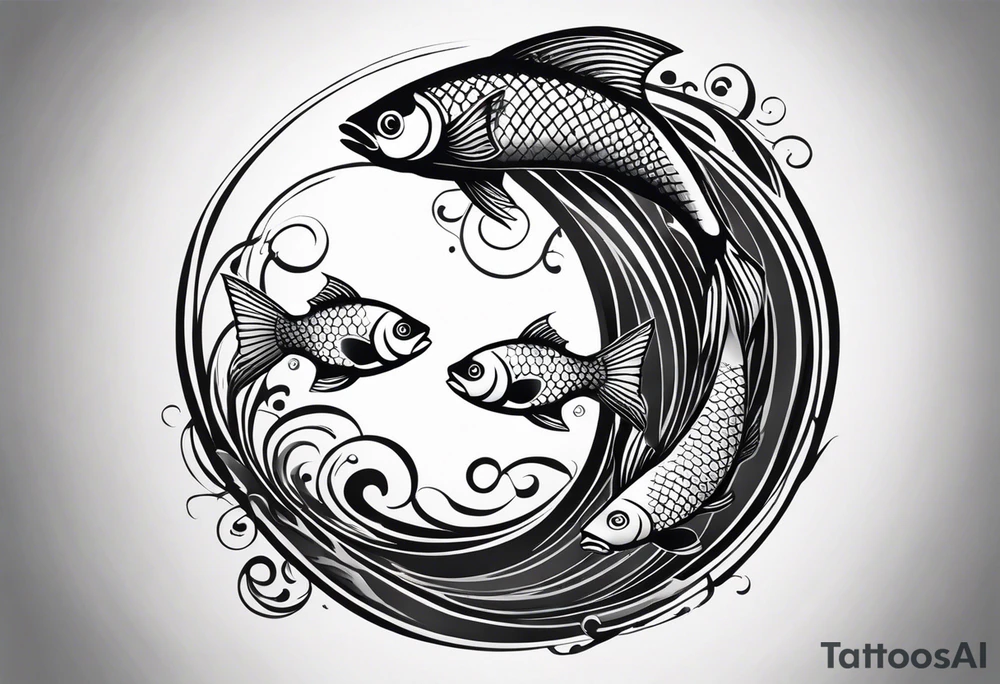 Design a half-sleeve tattoo in a smooth, shaded style with black and grey tones. The central focus is two fish swimming in a circular motion, like a yin-yang, gracefully moving in a loop. The fish should have flowing tails and fins, with soft shading that gives a sense of motion and balance.

Surround the fish with a bed, where a man is lying down but his feet stick out, symbolizing discomfort or not fitting in. The bed should blend subtly into the background, using minimal lines, to avoid distracting from the fish. The sheets or bed frame should flow into the circular motion created by the fish.

Add an astronaut floating nearby, connected to the bed scene. The astronaut should appear weightless, as if drifting in space, with their posture relaxed and slightly tilted, fitting within the circular flow of the fish. Clouds should form softly around the astronaut and the bed, blending into the scene to create a dreamy, ethereal background.

From one side of the circular fish motion, flames should emerge, adding dynamic energy to the design. The flames should be subtle but lively, with light shading, balancing the softness of the clouds with some intensity.

Finally, include the text "MMIX" in bold, sketchy font either below or beside the main design. The text should be clear but in harmony with the hand-drawn style of the fish and flames. tattoo idea