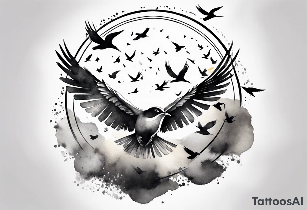 shoulder tattoo with light rays with birds flying free among the clouds, round shape, 3d effect tattoo idea