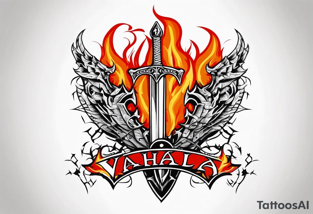 Valhalla on fire 
sword shield barbed  wire tattoo idea