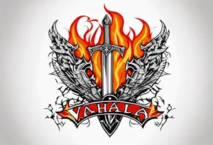 Valhalla on fire 
sword shield barbed  wire tattoo idea