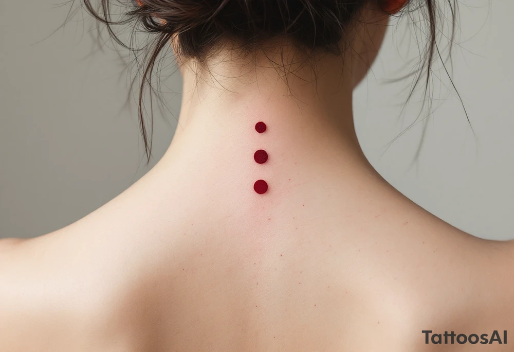 Three dark red dots arranged in a triangle on the back of the neck, representing body, mind, and spirit in perfect harmony. tattoo idea