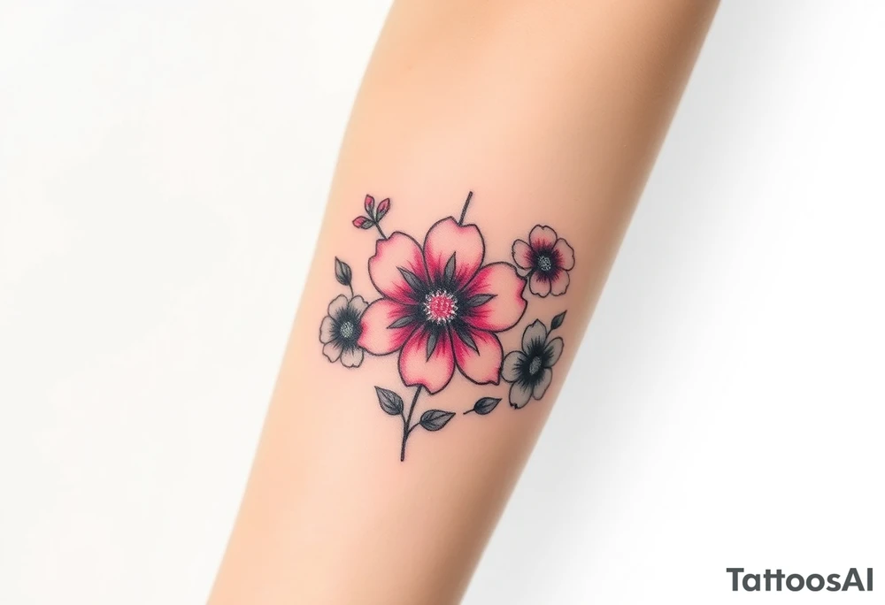 Bipolar disorder symbol with flowers and fade from color to black and white tattoo idea