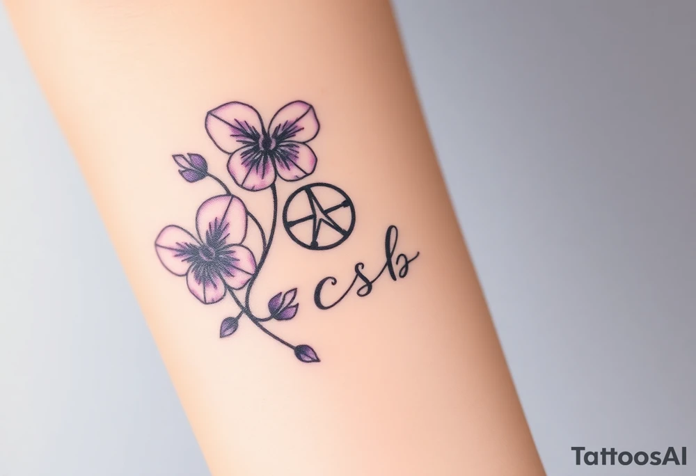 Violets, peace symbol, Pisces symbol, dog prints, amethyst, initials csb in cursive font tattoo idea